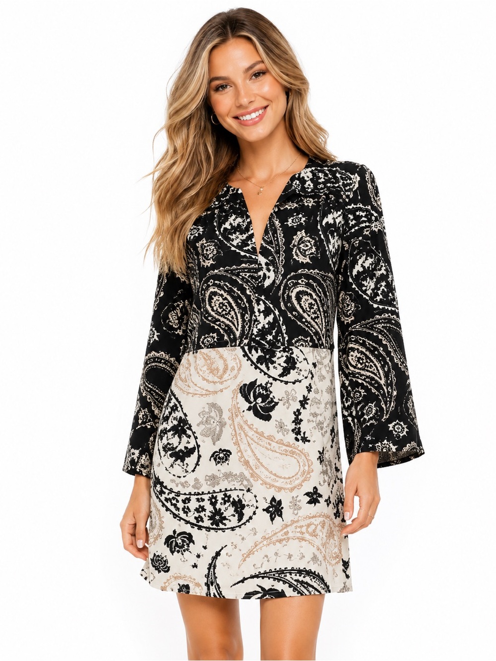 BCBGMaxAzria Black and Cream Paisley V-Neck Shift Dress